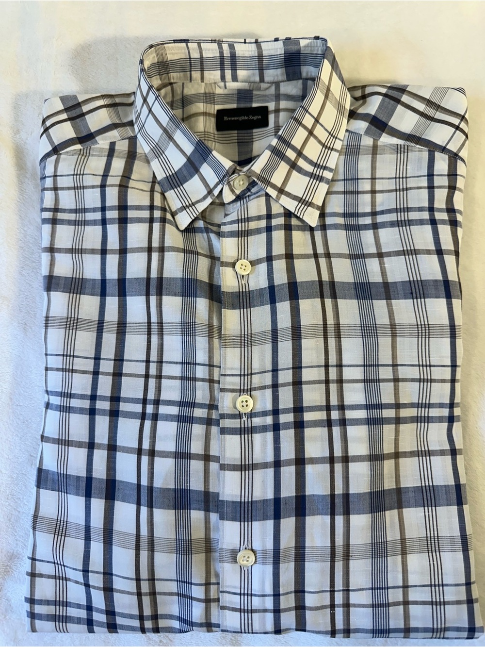 Ermenegildo Zegna Men's Blue & Brown Plaid Button-Up Shirt size Large